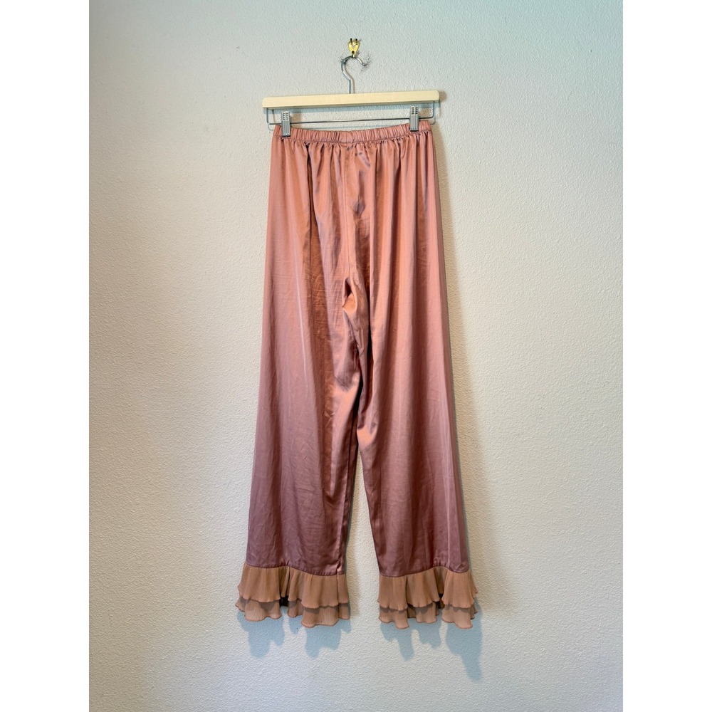 Dusty Rose Satin Wide Leg Lounge Pants Ruffle Pleated Hem Pink Women L - Picture 2 of 5